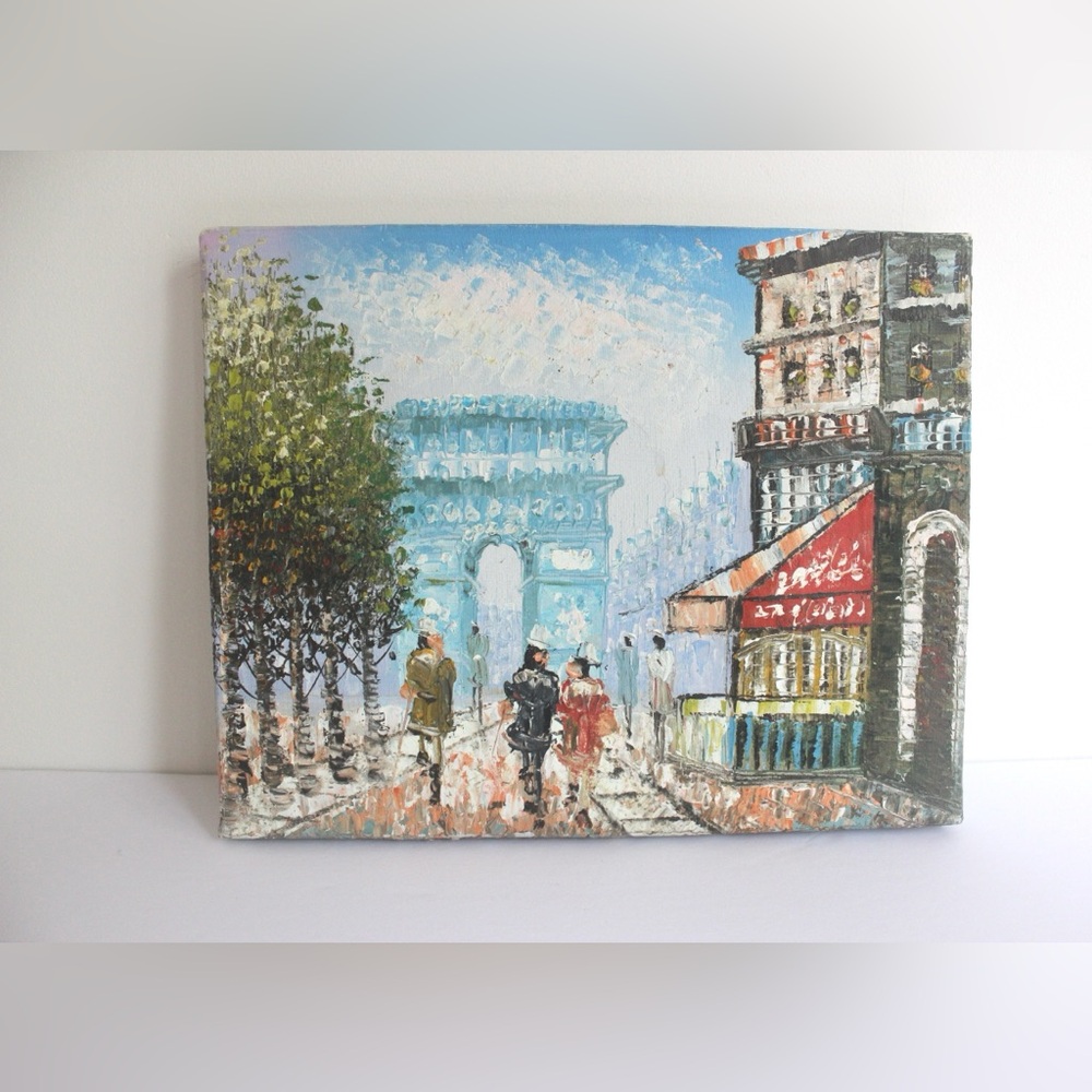 Vintage Original Paris Oil Painting on Stretched Canvas, Champs Elysées, L’arc